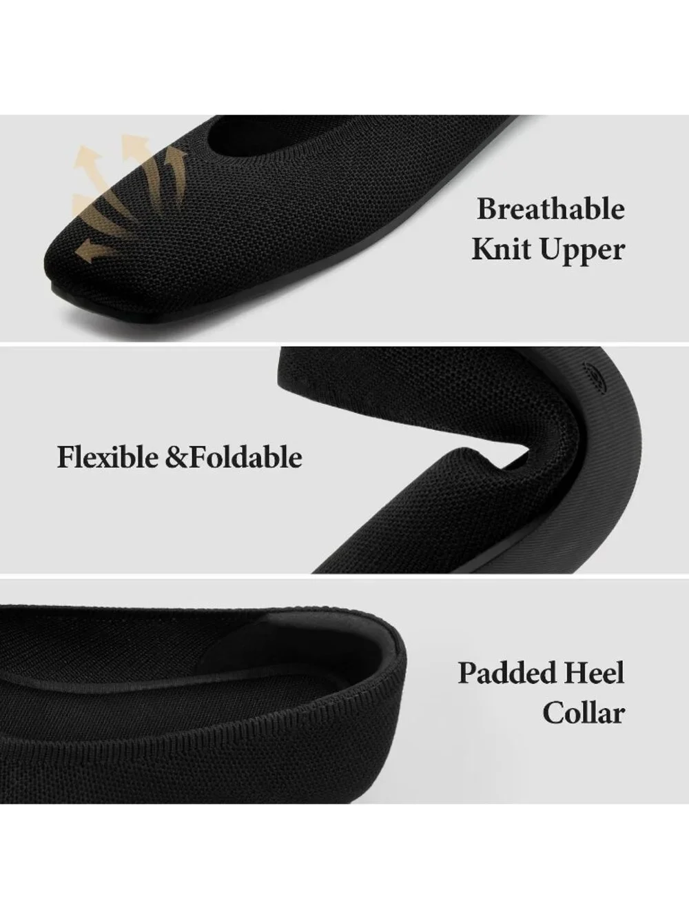 AprCoco Women's Black Knit Breathable Square Toe Flats Comfort Slip On Shoes